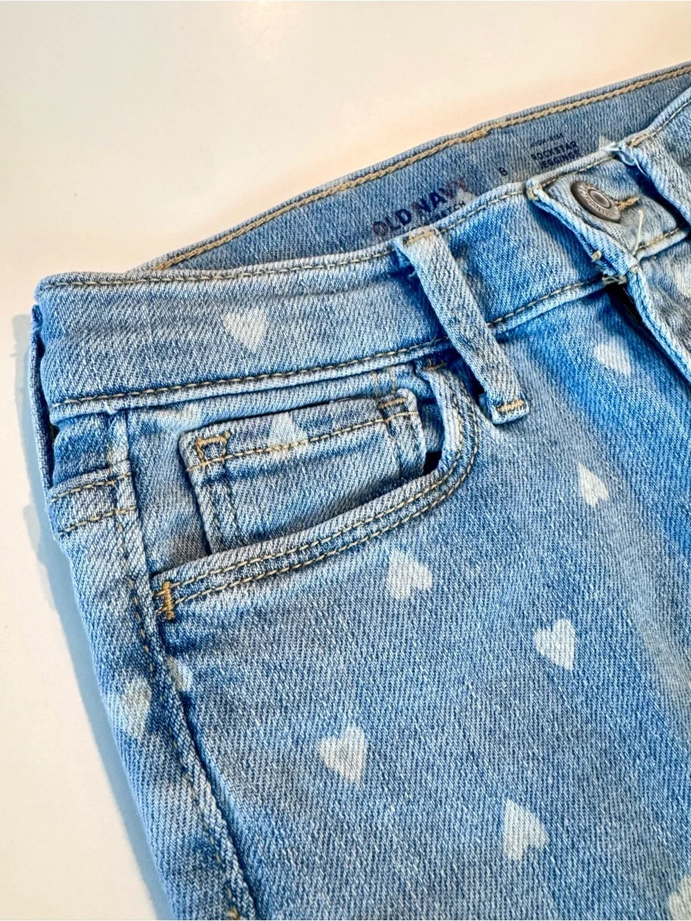 Old Navy Light Blue Heart-Print Girls’ Jeggings High-Rise 360 Stretch, size 8